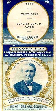1903 Edison Record Slip